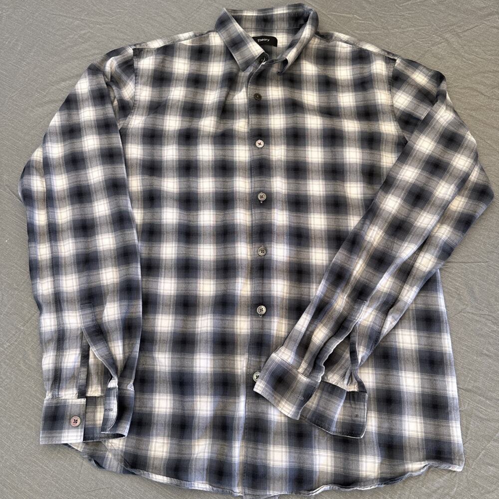 Theory Plaid Shirt Men’s Large Black‎ Gray Check Casual Read